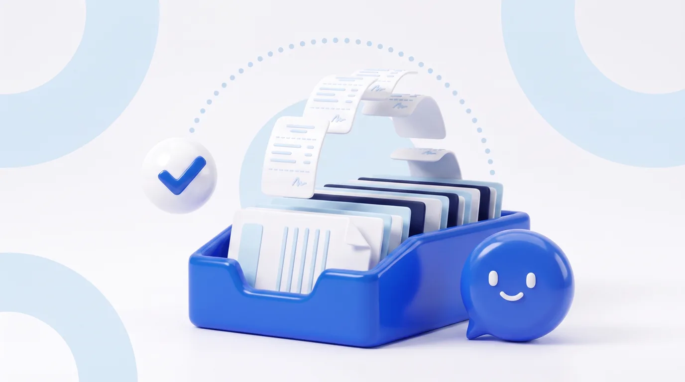 Een ondernemer legt een document in een blauw postbakje aan een licht bureau, met de laptop afgedraaid ernaast.
