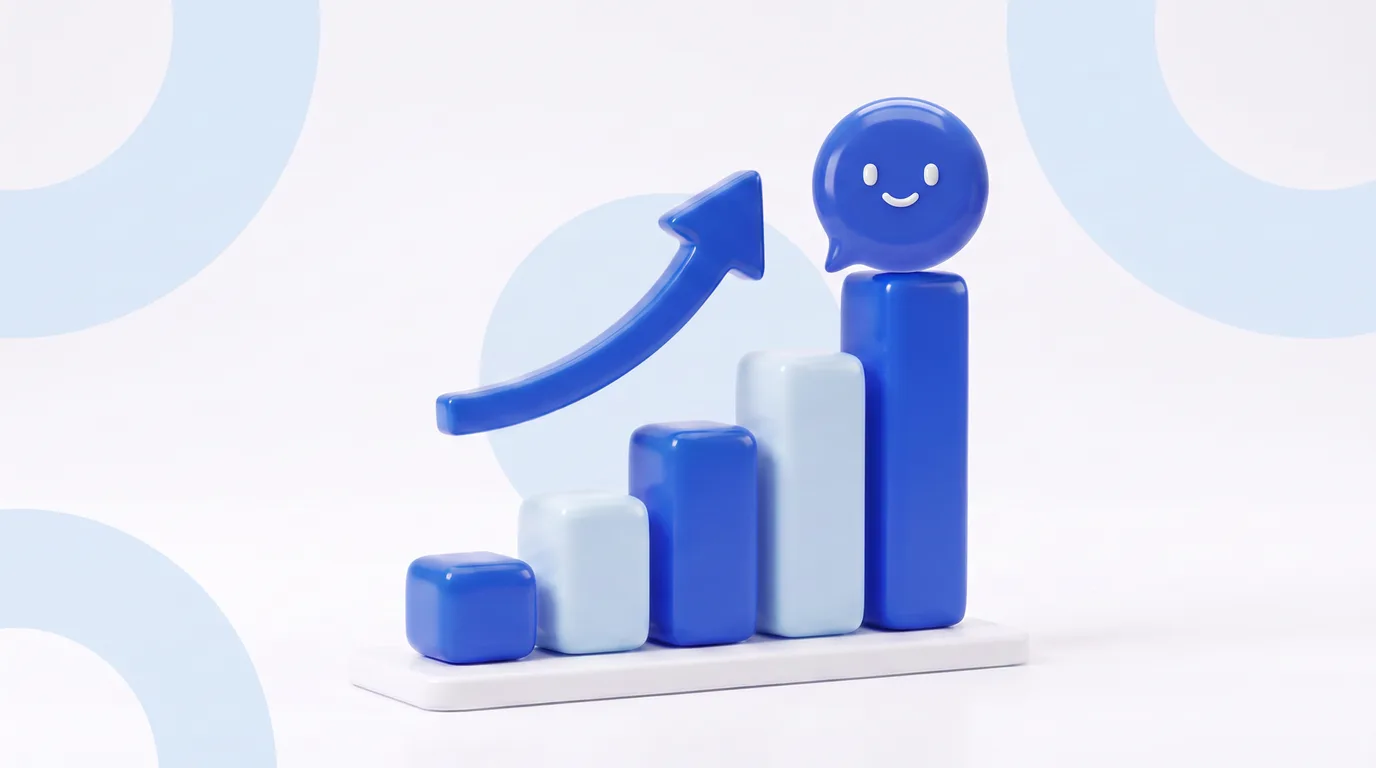 Illustration: a rising bar chart with an upward arrow and the happy dot on top of the highest bar.