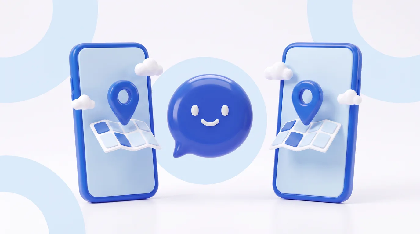 Illustration: two phones showing the same app with map pins and the happy dot in between.