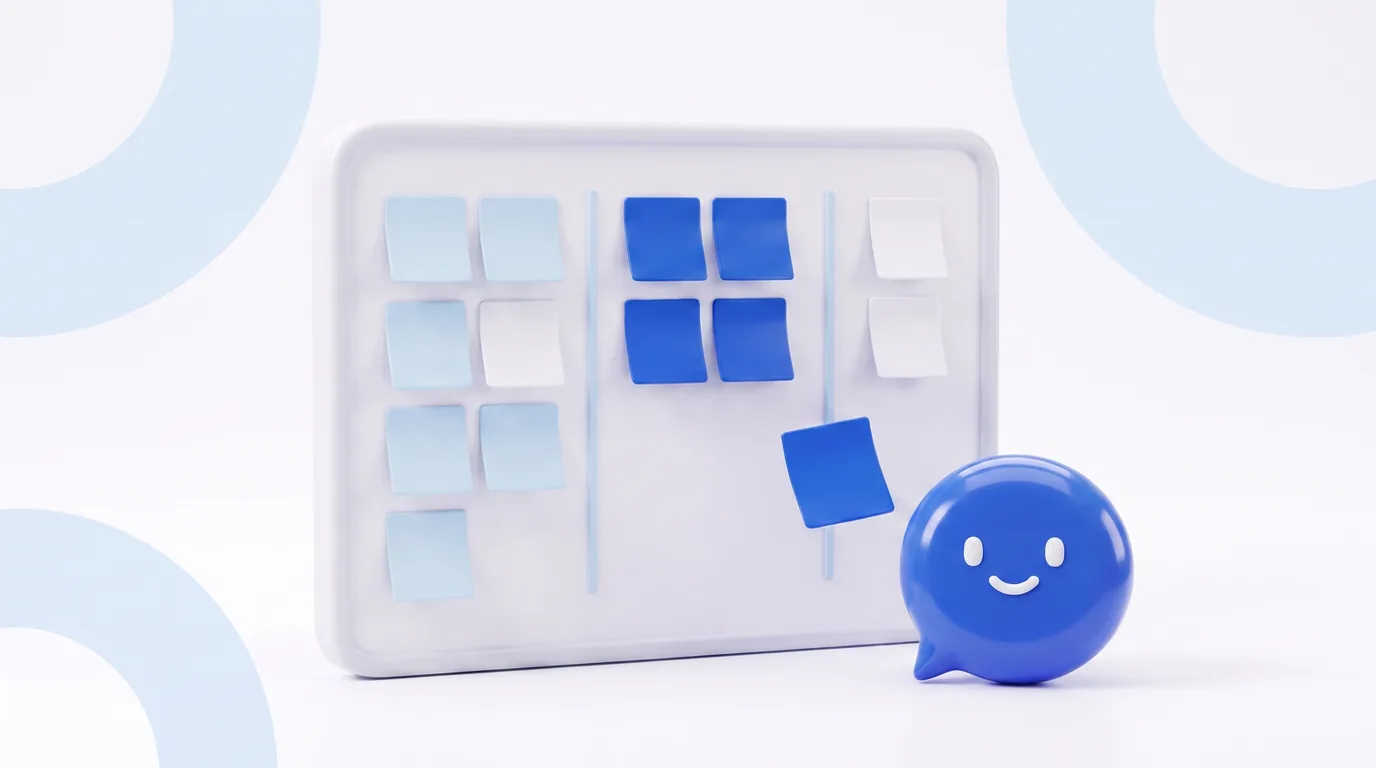 Illustration: a board with sticky notes in columns while the happy dot adds a blue one.
