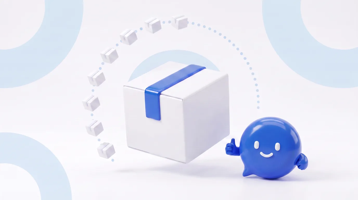 Illustration: a parcel with a blue strap and an arc of small boxes around it, the happy dot giving a thumbs up.