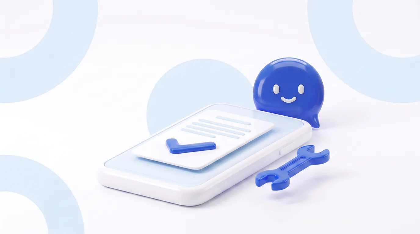 Illustration: a digital job sheet on a phone with a tick, the happy dot looking on contentedly.