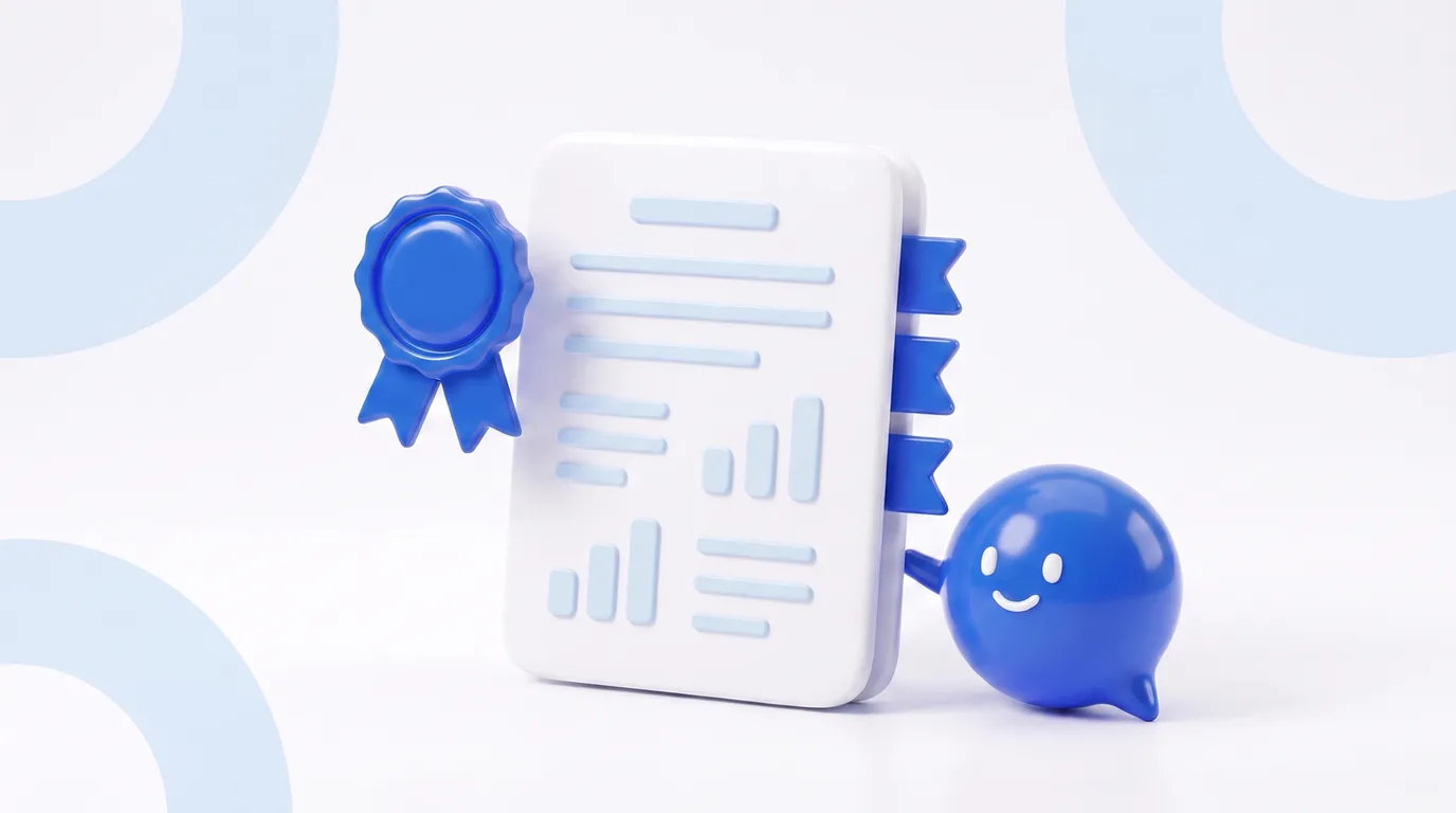 Illustration: a report with cobalt blue tabs and a medal, presented by the happy dot.