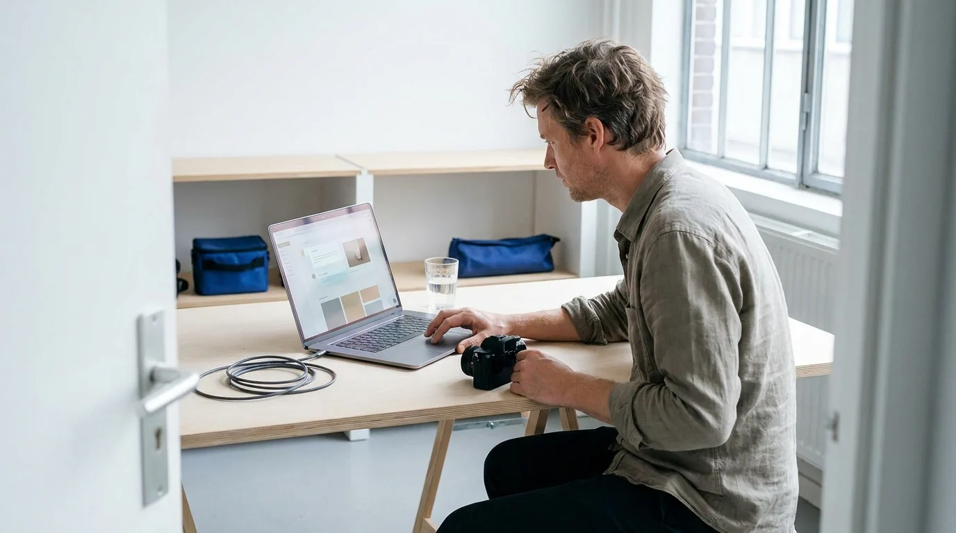 Een fotograaf verwerkt digitaal geordende klantaanvragen op een laptop.