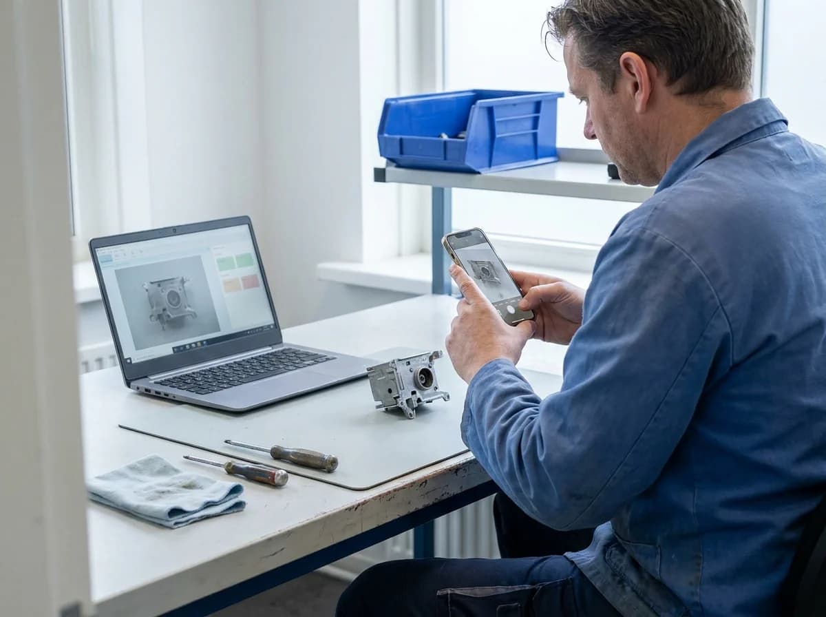 A mechanic photographs a machine part with his phone; the assessment is ready on the laptop.