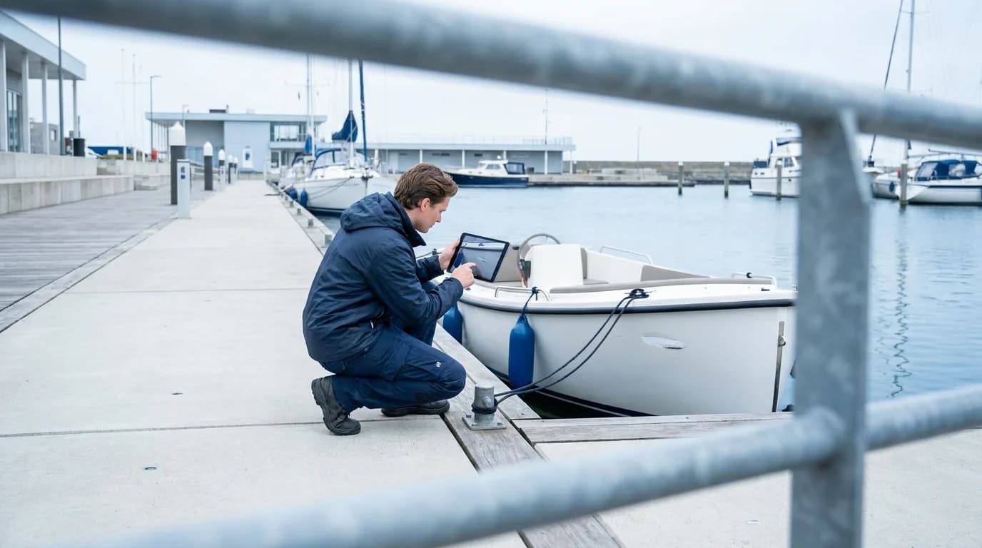 Een medewerker legt bij een aangemeerde huurboot een controle vast op een tablet.