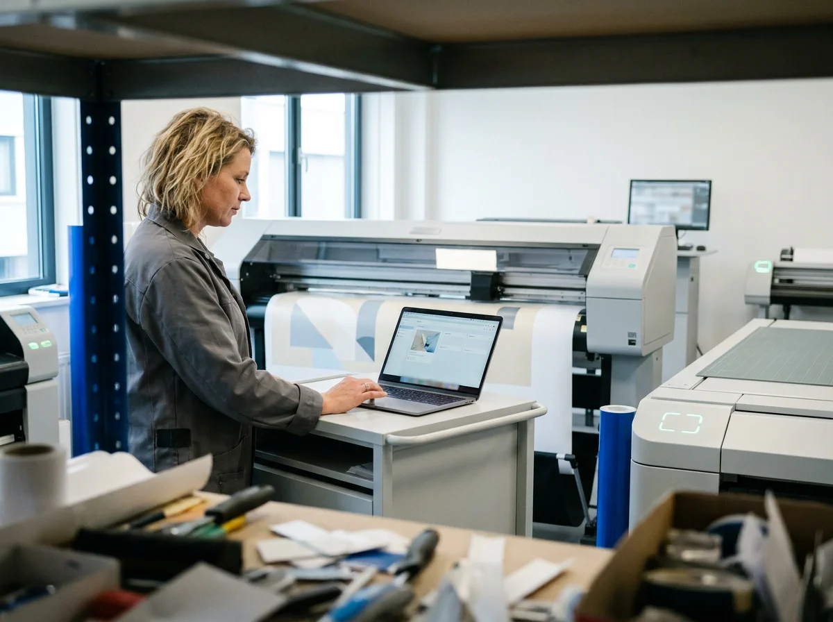 Een medewerker van een printstudio werkt een klantaanvraag uit op een laptop.