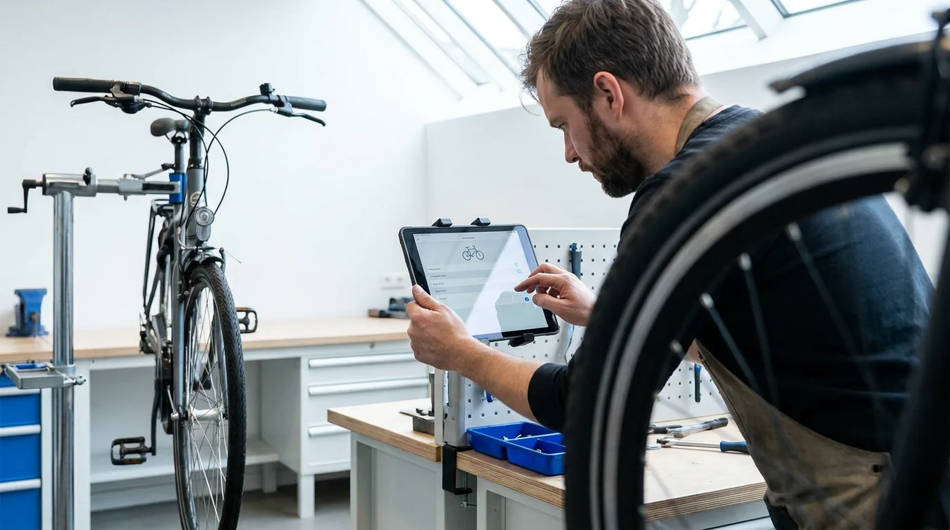 Een fietsenmaker gebruikt een tablet tijdens het werk.