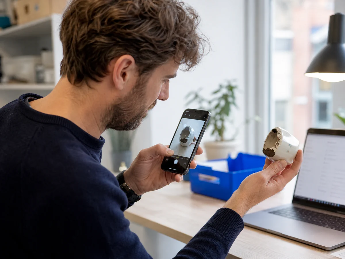 Een ondernemer fotografeert met zijn mobiel een beschadigd product.