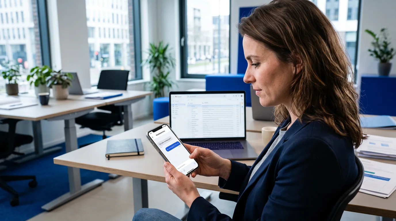 Een ondernemer bekijkt een klantvraag in een chatgesprek op de telefoon.
