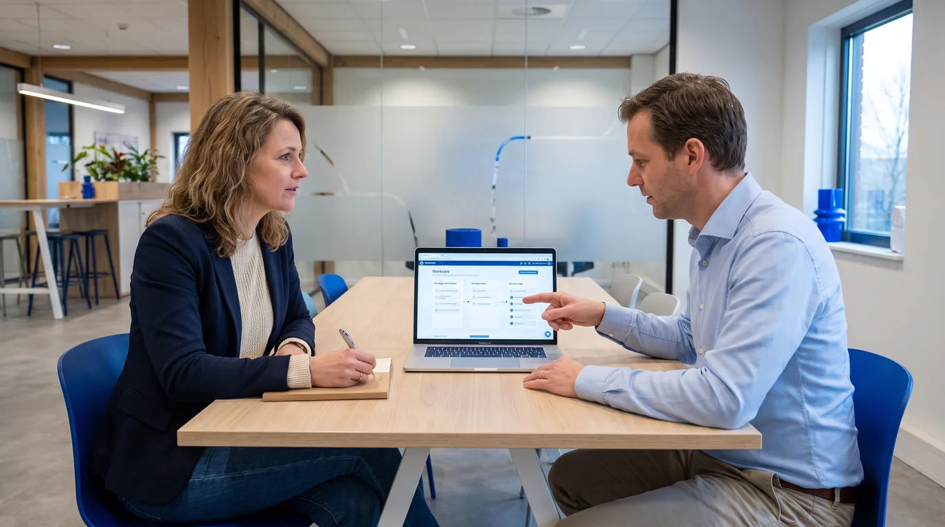 Twee mensen bespreken de uitkomsten van een werkscan op een laptop.