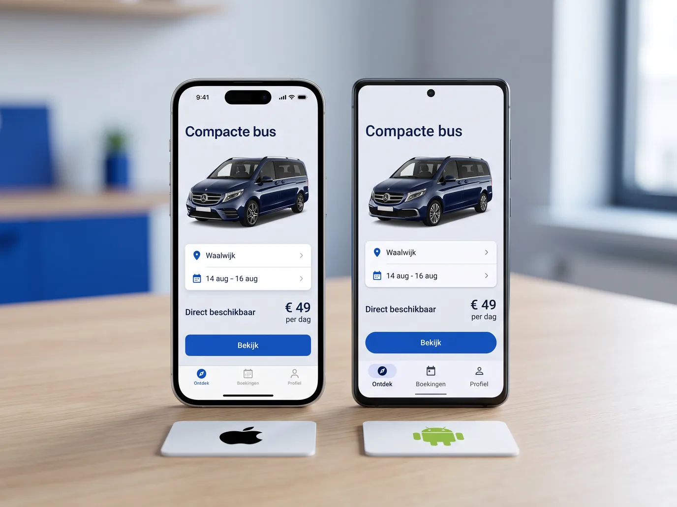 Dezelfde verhuur-app op een iPhone en een Android-telefoon naast elkaar.