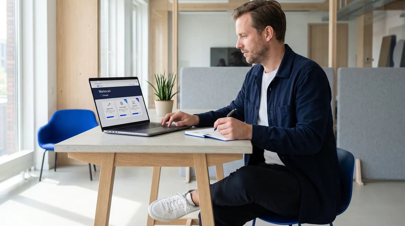 Een ondernemer maakt aantekeningen bij de uitkomsten van een werkscan op zijn laptop.