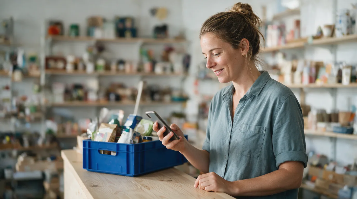 A shop owner stands at the counter of her store, checking on her phone what the assistant took care of for her.